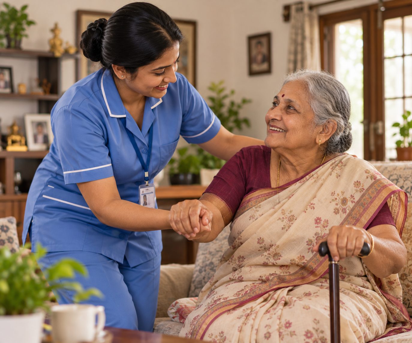 Prana caregiver helping an elderly woman up from her sofa