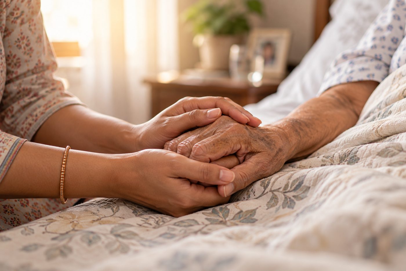 A younger woman gently holding an elderly person’s hand at their bedside