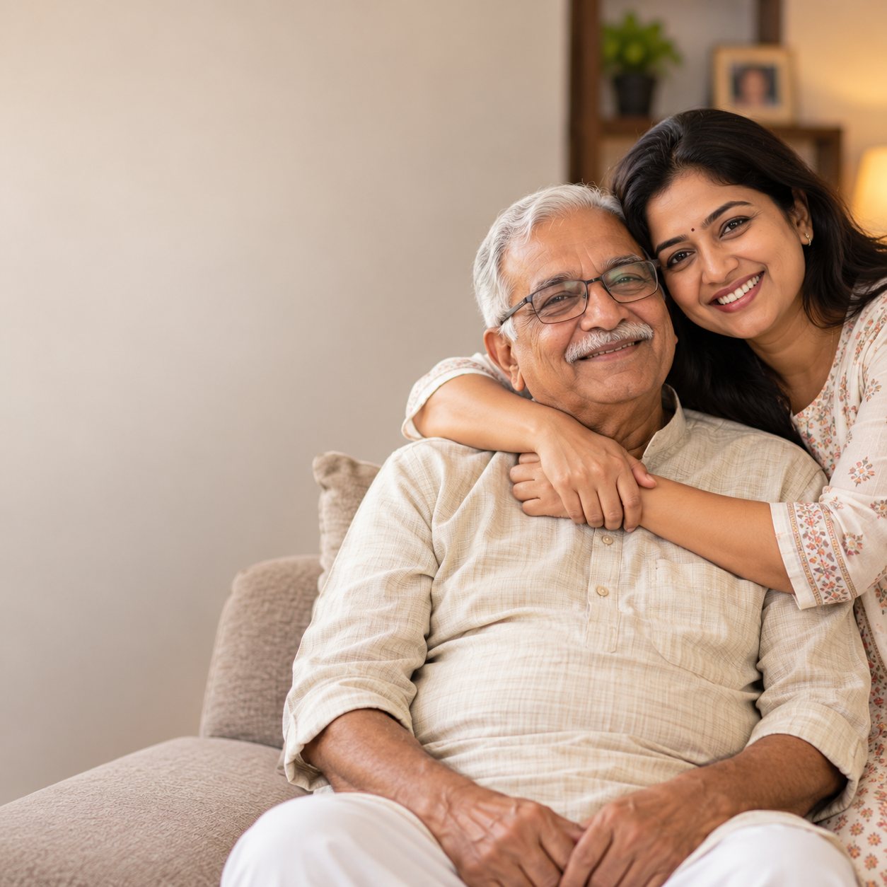 A smiling elderly father on the sofa, hugged by his adult daughter