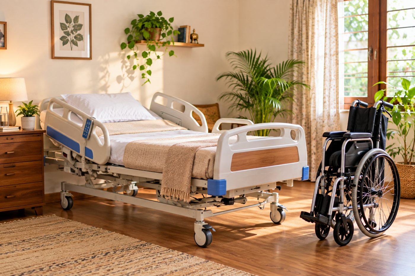 An adjustable home-care bed and a wheelchair in a sunlit bedroom