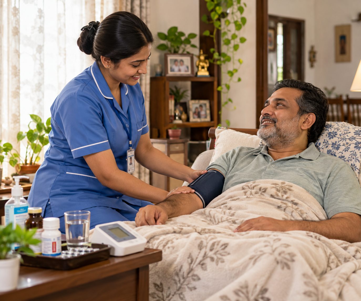 Prana nurse checking a recovering patient’s blood pressure at home