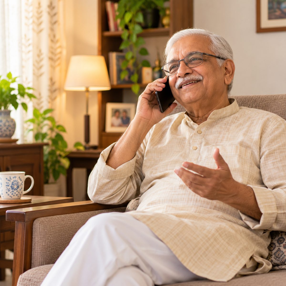 Elderly man talking on his phone at home